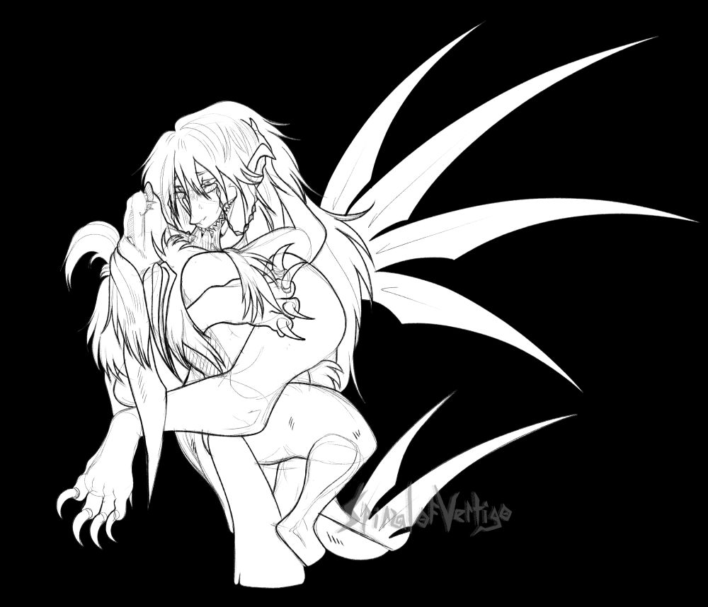 A sketch of a large sphinx ripping into the throat of his Goatman partner. This is a loving thing for them; the Goatman is holding his arms around the sphinx affectionately.