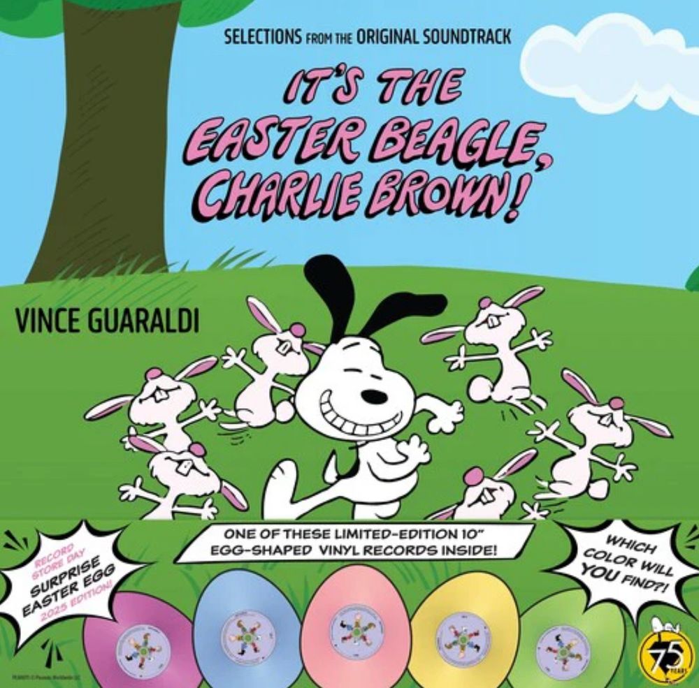 A picture of the “It’s The Easter Beagle Charlie Brown”  RSD Vinyl cover by Vince Guaraldi. It has snoopy dancing with rabbits. It’s a surprise colored egg shaped vinyl