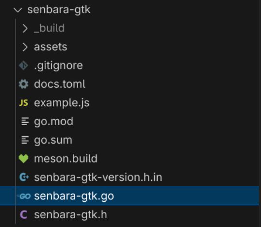 A list of these files in VSCode: assets  _build  docs.toml  example.js  go.mod  go.sum  meson.build  senbara-gtk.go  senbara-gtk.h  senbara-gtk-version.h.in