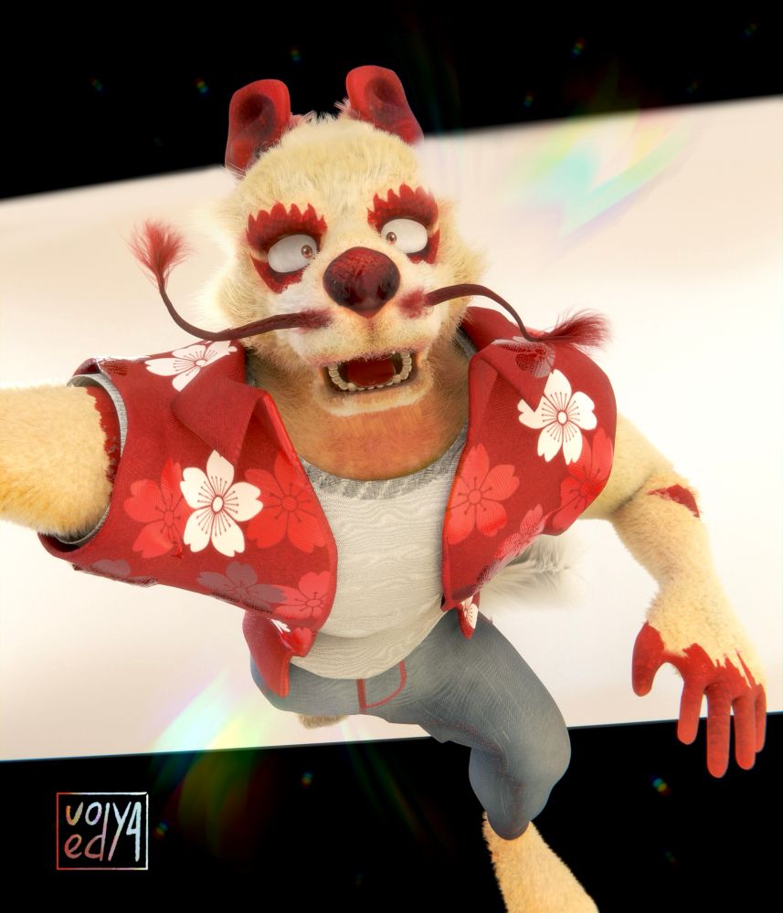 design character oc bear field fullbody art digital digitalart illustration furry furryart wings hand magic affinity dragon freshdesign asia beach waves summer panda blender substance 3d render dragon whiskers 4wall