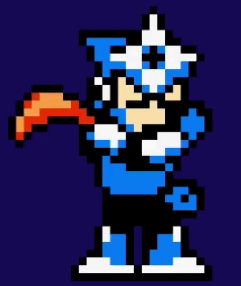 a pixel art of a man in a blue and white suit holding a bat .