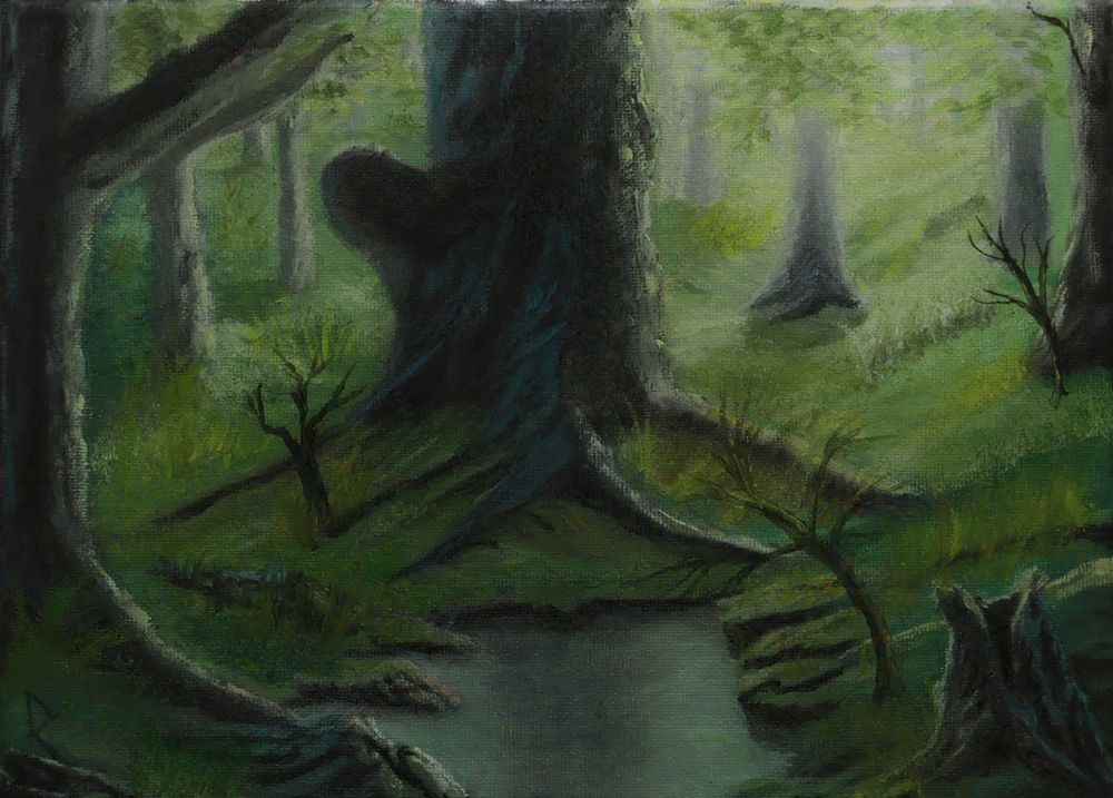 8”x10” oil painting of a large tree in a dark forest, with shafts of light shining through the trees. A small pond sits in the center.