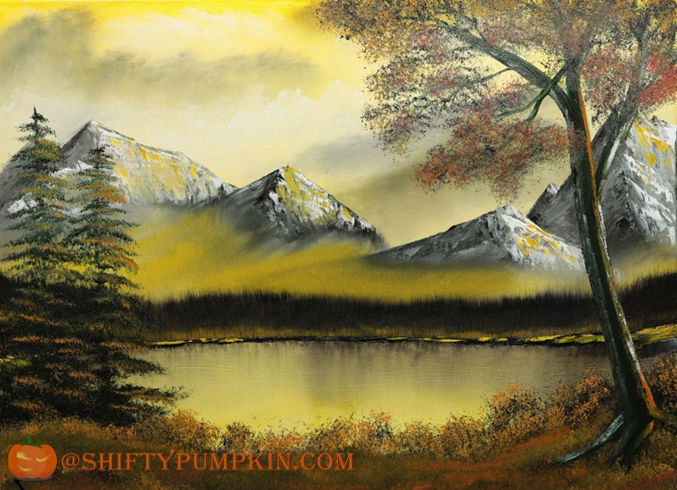 Oil painting of a pond on 18"x24" canvas. A golden sky shines over mountains and a tranquil pond, with trees in brown, orange, and red.   