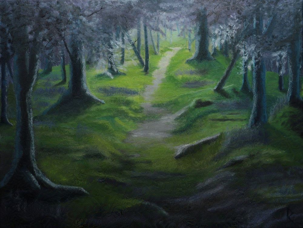 “Amethyst Woods”, an 18”x24” oil painting of a dense forest path lined with bluish trees, filled with purple leaves. The forest floor is carpeted in hues of greens, yellows and purples. Strong sunlight streaks through the middle of the path.