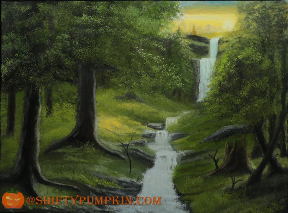 “Sunset Falls”, an 18”x24” oil painting of a sunset over a waterfall, with a stream cutting through a sunlit forest and heavy shadows.  