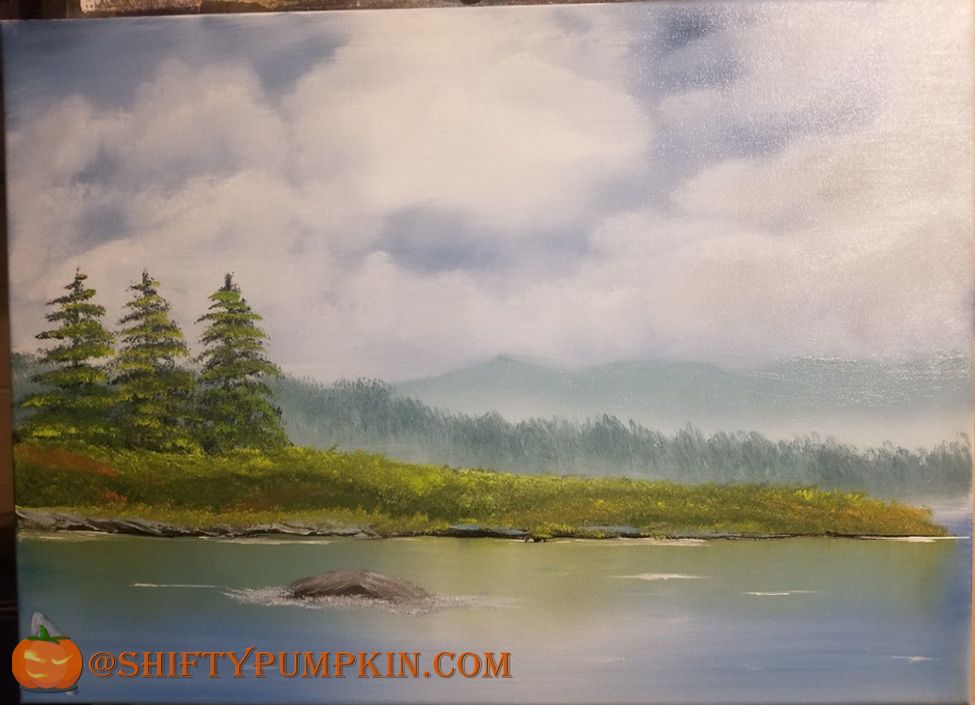 "Blue Ridge River", an oil painting on 18"x24" canvas. An open sky, mountains in the distance, pine trees and a steady river.   