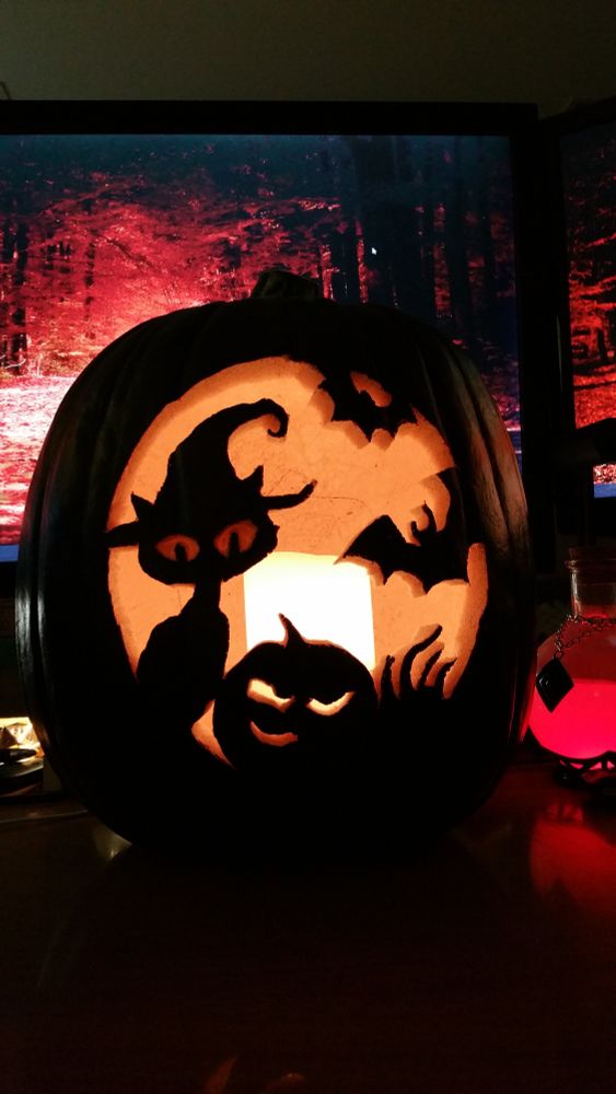 Black pumpkin carved with a cat in a witch hat, bats, and a shifty-looking pumpkin