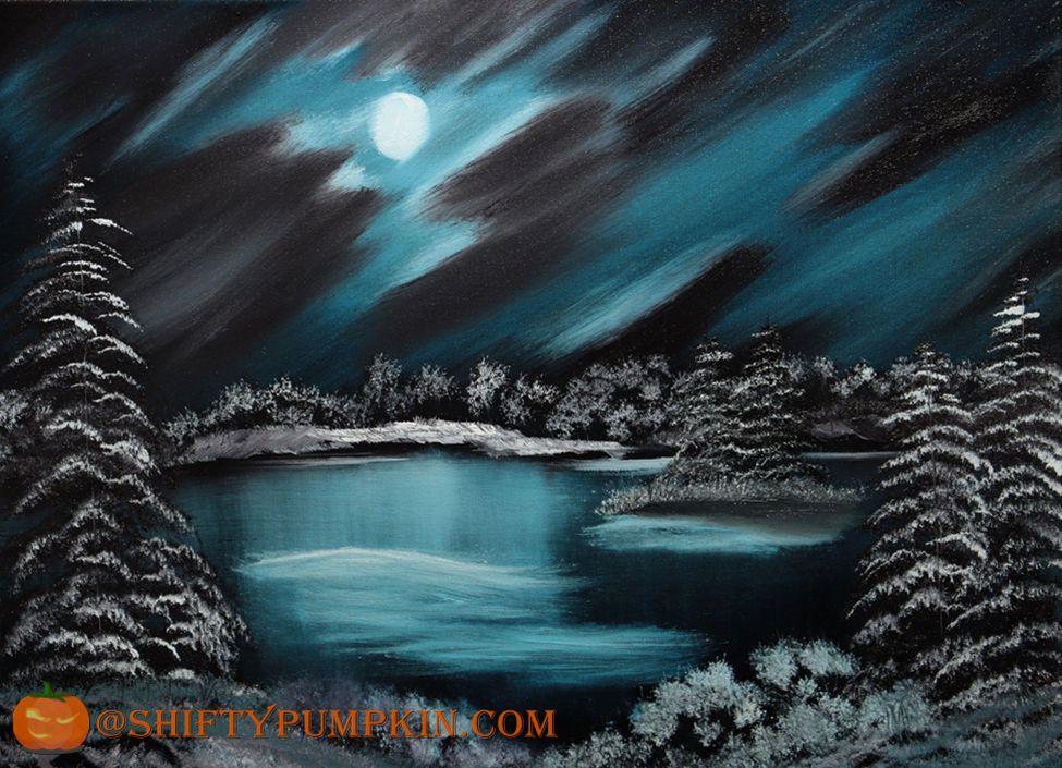 Oil painting of a winter scene at night, on 18"x24" canvas. A moon peaking through the clouds above a frozen lake and snowy landscape.