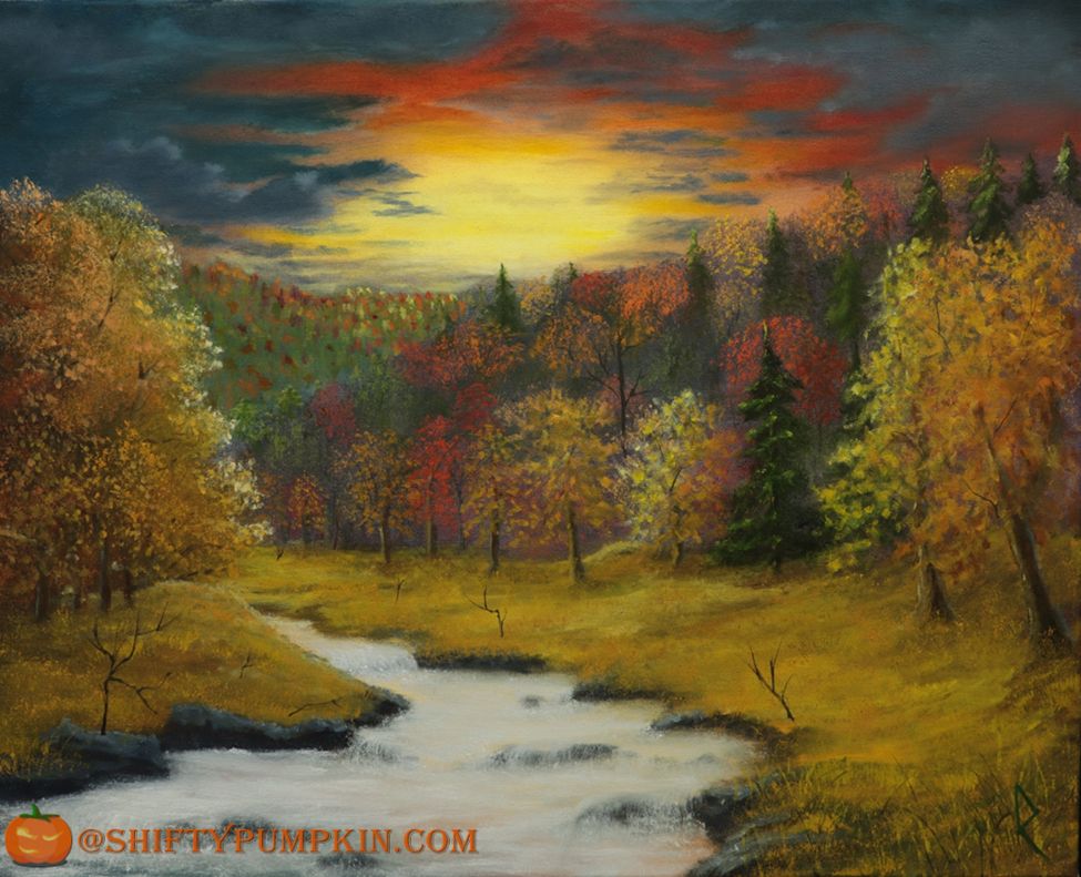 “Autumn Stream”, an 18”x24” oil painting of a forest in autumn. A dramatic sunset and gathering clouds fill the sky, with rolling hills of colorful trees. A slightly rushing stream cuts through the clearing towards the viewer.