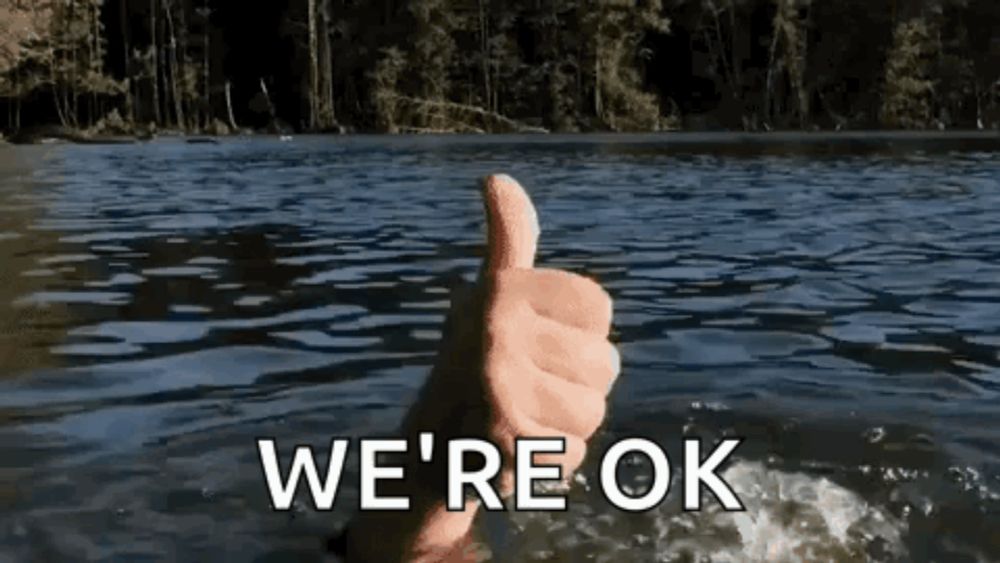 a person is giving a thumbs up in the water and the words we 're ok are below them