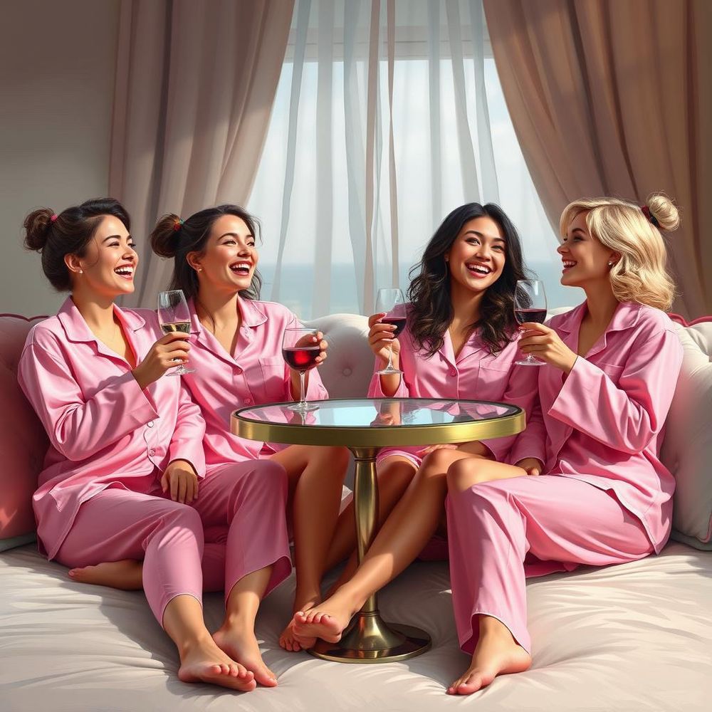 AI image of 4 women in pajamas sipping wine 