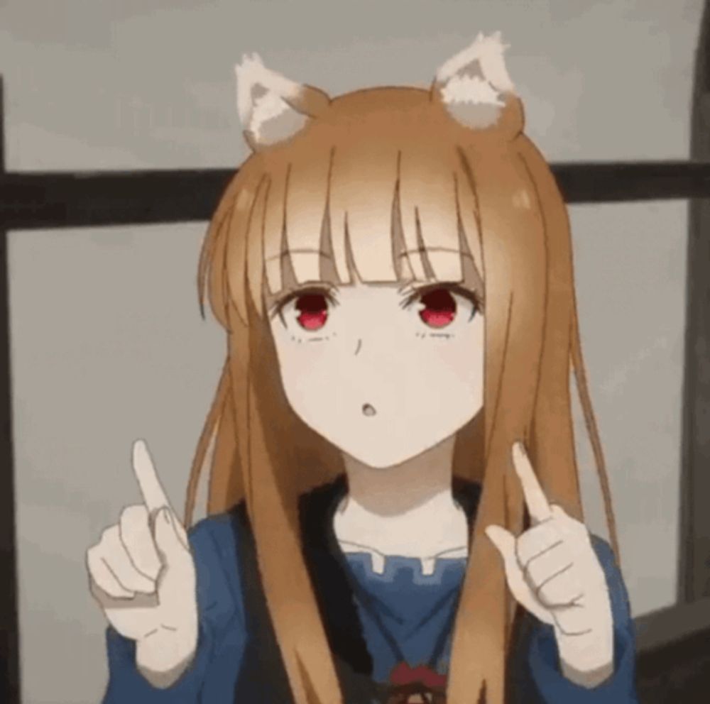 a girl with cat ears is pointing up with both hands