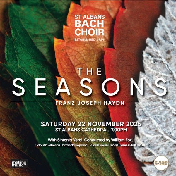 Image of leaves representing the different seasons, superimposed with text giving details of the concert, information which is also available on the ticket page.