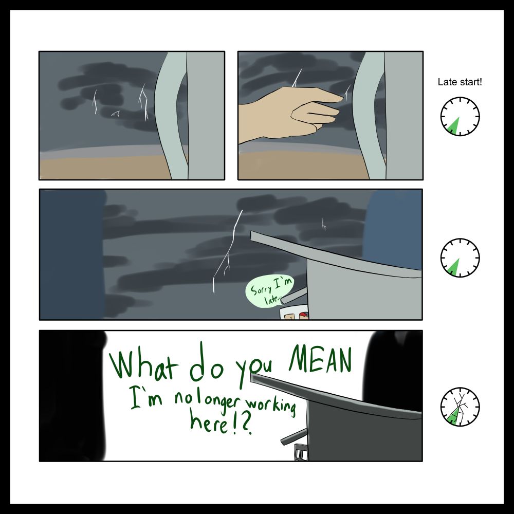 Lyca couldn't just stand there, he was already late for work and was going to be later by the minute.

By the time he makes it to the lifeguard shack, the storm is growing heavier over the beach. The parking lot is empty, no one is walking along the beach, his lateness shouldn't be of concern.

His sandy blonde furred hand reaches and takes the handle of the shack.

As he enters, he gives an anemic, "Sorry I'm late," to his coworkers.

He hears their response.

Then, thunder flashes.

"What do you MEAN I'm no longer working here!?" He yells, almost screams. His job taken out from under him.