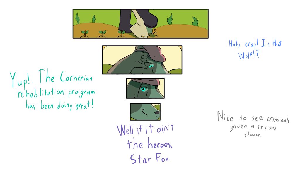 The scene opens up on a scene where purple boots push a shovel through dirt. Someone is hard at work farming. In the distance, Falco Lombardi can be heard saying "Holy crap! Is that Wolf!?" The camera changes to the sight of Wolf wiping the sweat off his bro.

Slippy adds in "Yup! The Cornerian rehabilitation program has been doing great!" He was the one who developed the system anyways and thus knew just how effective it was.

Peppy seems grateful for the system working as intended, "Nice to see criminals given a second chance."

Wolf's eyes have been moving up while they talk, a welcome grin coming to his face. "Well if it ain't the heroes, Star Fox." Slips past his lips in a warm drawl. 