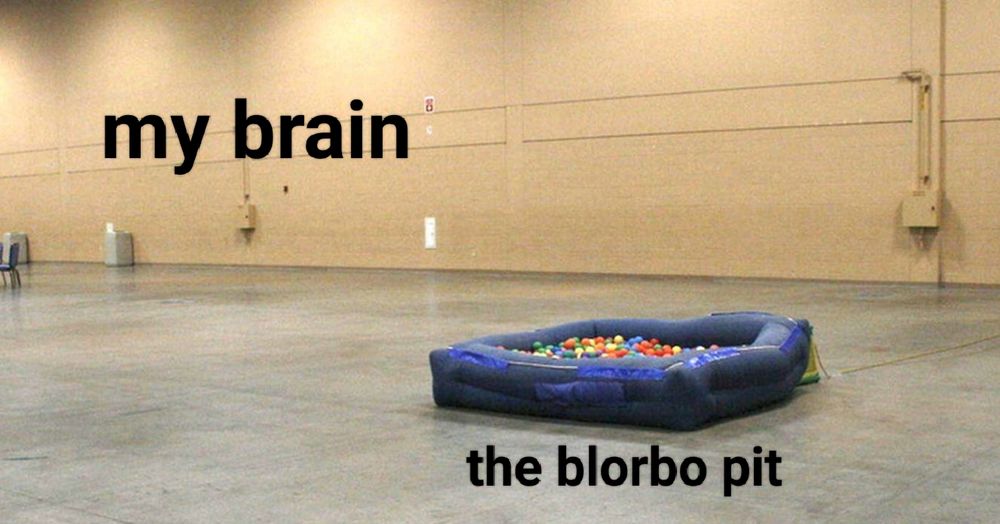 Classic image of the sad dashcon ballpit. The upper left side of the photo, which opens to show a big empty hall, is captioned "my brain". The pathetic ballpit at the right corner of the picture is captioned "the blorbo pit".