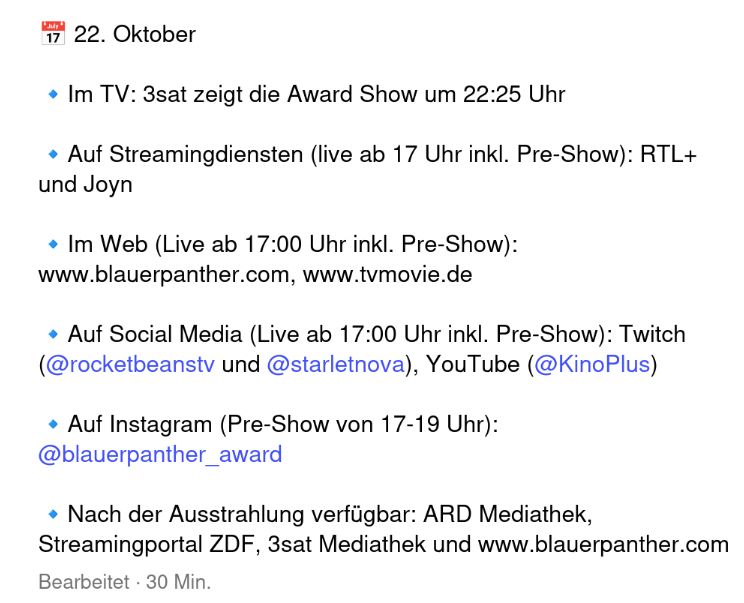 Sendetermine- und Orte Verleihung Blauer Panther 