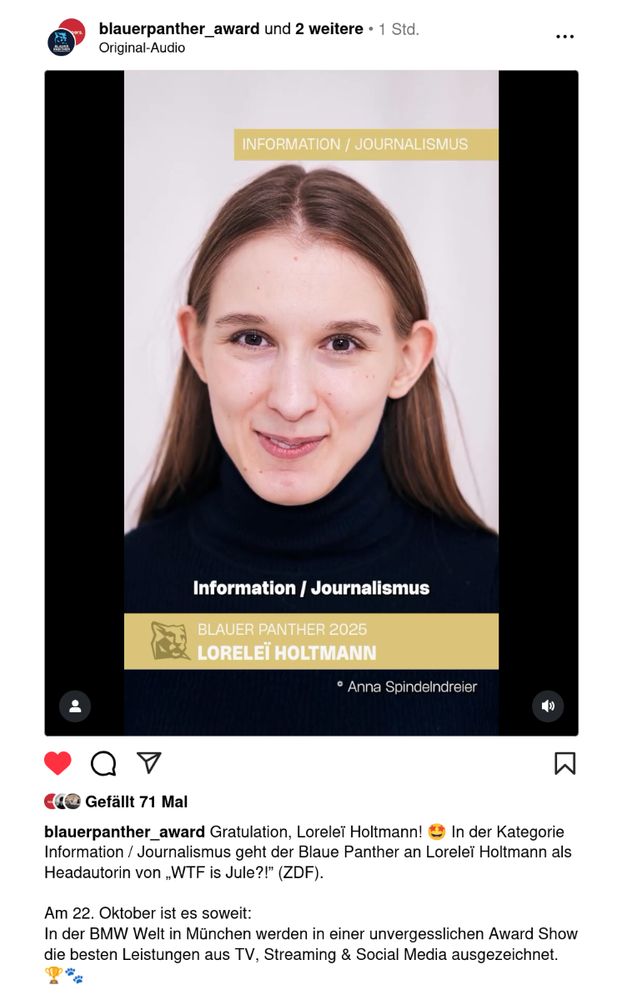 Lorelei, eine der wichtigsten Personen unserer Doku "WTF is Jule?" wird für ihre Rolle mit dem BLAUEN PANTHER ausgezeichnet! 