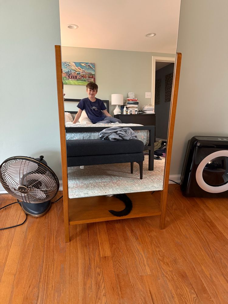 Boy reflected in mirror with black cat tail hiding underneath.