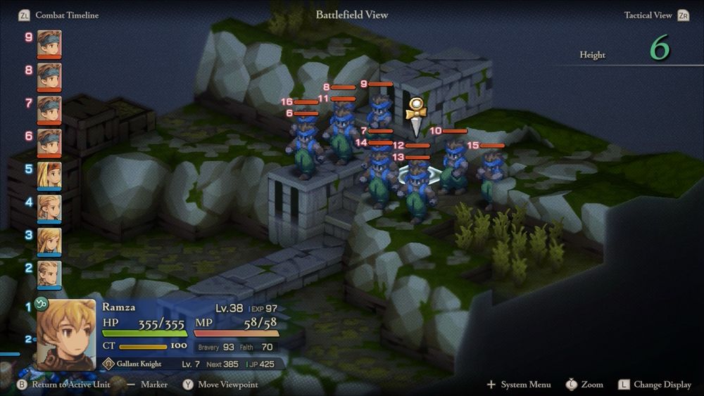 A screenshot of a random encounter in Final Fantasy Tactics, comprised of 11 enemy Monk characters. 