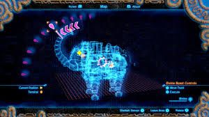 A screenshot of the map for Divine Beast Vah Naboris from Breath of the Wild. It’s shaped like an elephant, and the map is a transparent 3D model showcasing the layout inside. 