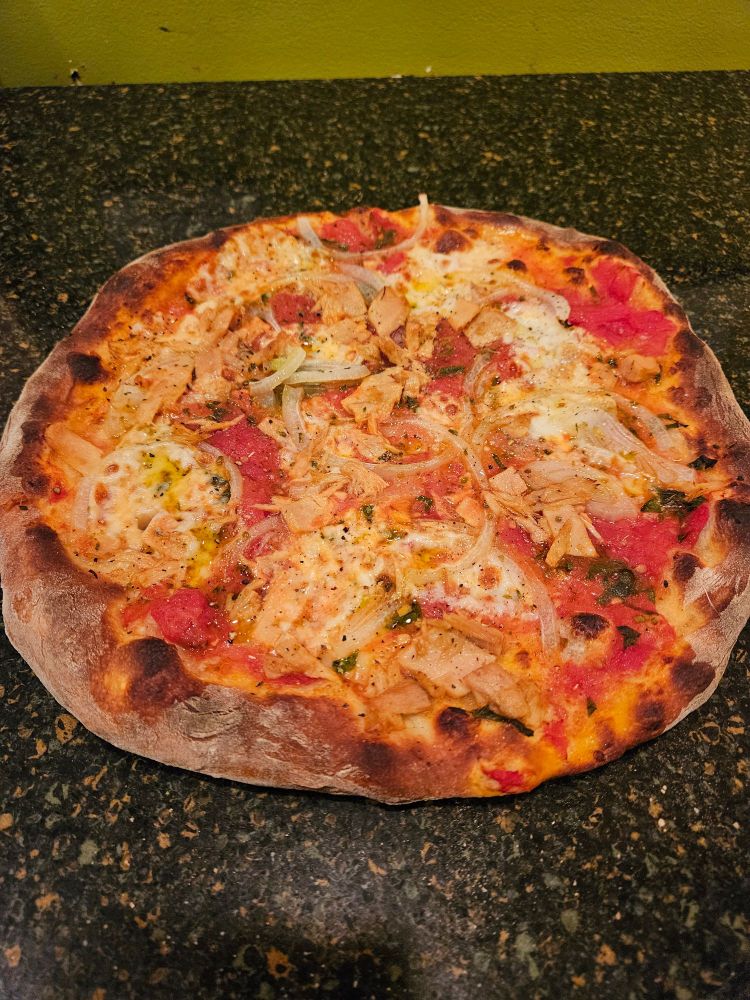 Homemade pizza with onions, tuna, cheese, red sauce, and red pepper flakes