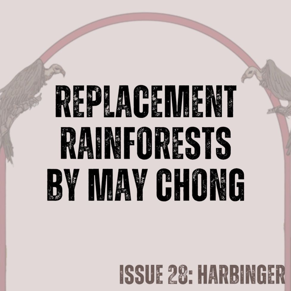 Pale pink background with two dark brown vultures perched on left and right of red arch (from cover art by Annalise Jensen).
Text in black - Replacement Rainforests by May Chong
Text in brown - ISSUE 28: HARBINGER