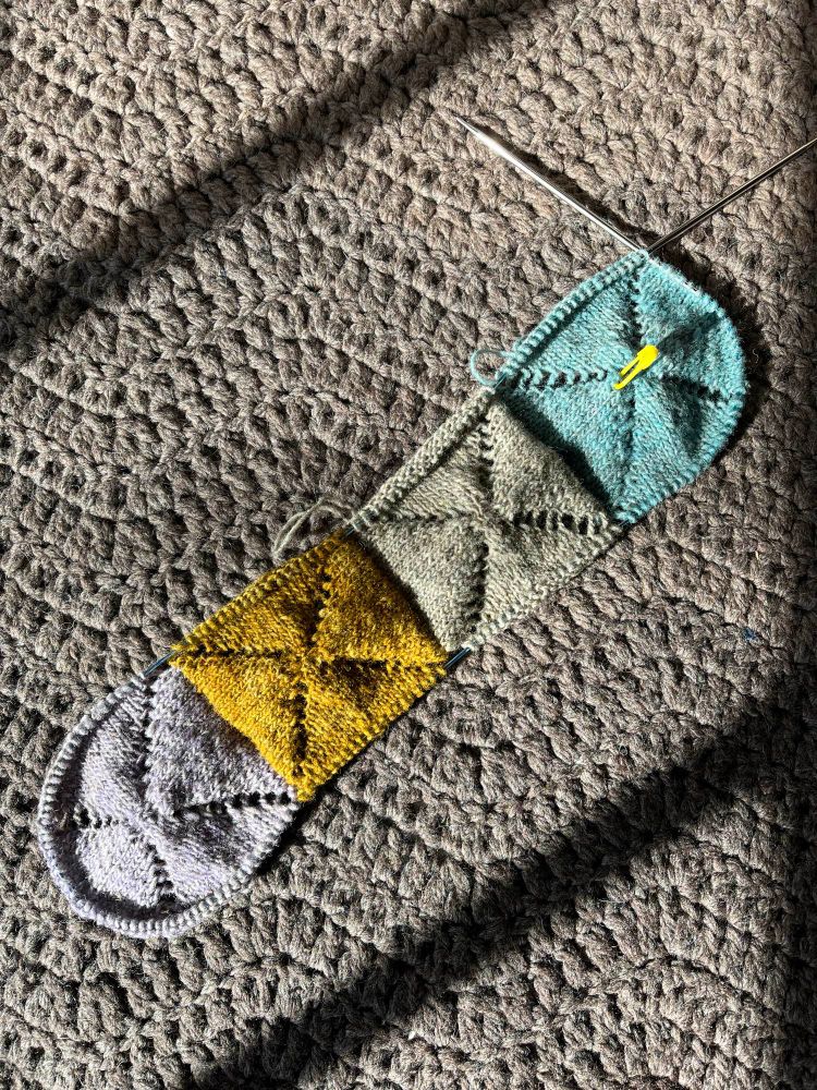Four knitted squares in different colours attached into a strip, with the edges on a circular needle. Background is a crochet chevron blanket. 