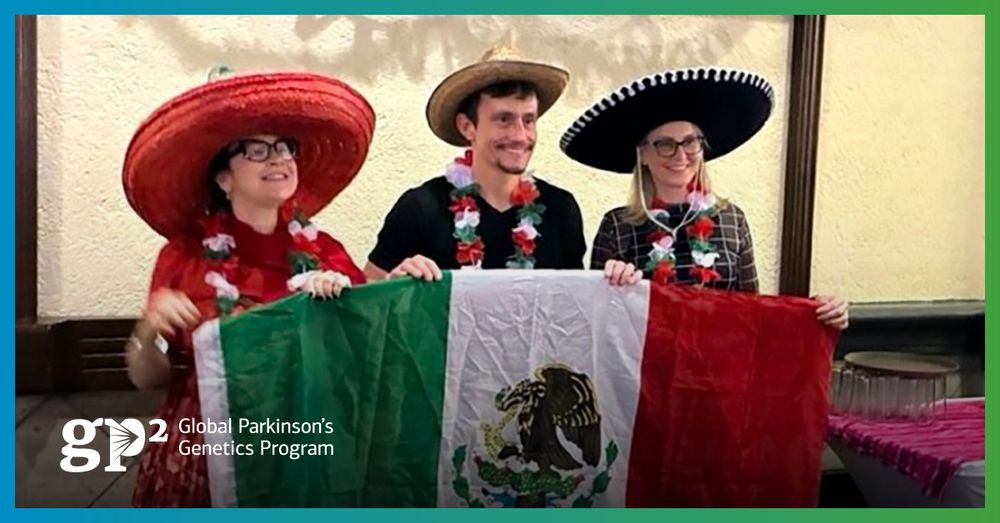 Three people dressed in festive attire hold a Mexican flag during the 2025 LARGE-PD Annual Meeting in Querétaro, Mexico. The image has a green border, and the GP2 logo appears in the lower left corner.