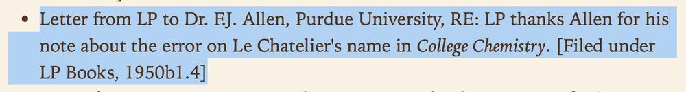 A screen cap showing a letter Linus Pauling received about misspelling Chatelier in his Gen Chem textbook (1950)