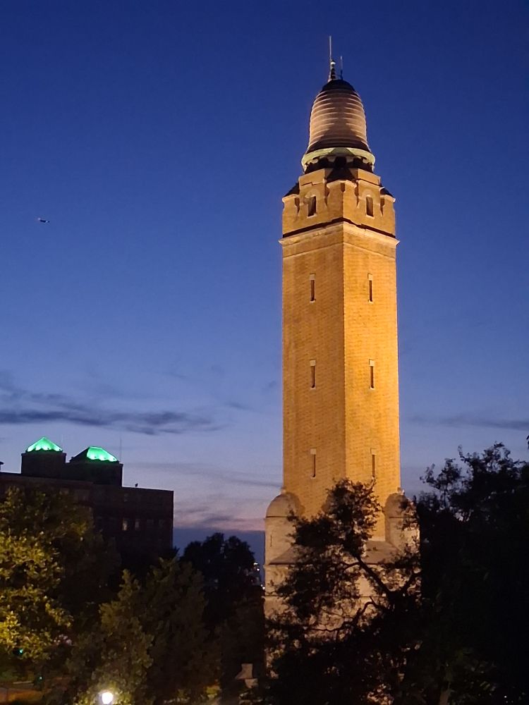 Water tower in twilight