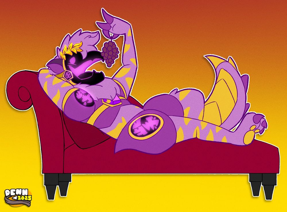 aemy laying on a red leaning couch, weaing a golden leaf crown, and eating a bushel of grapes

art by denn the disastersaurus!