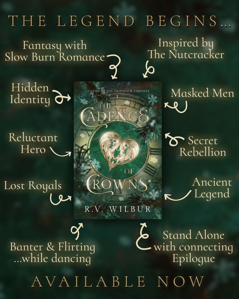 A graphic featuring the green cover of The Cadence of Crowns by R.V. Wilbur featuring a clock face, pine tree branches, and small snowflakes, with a heart shaped clover leaf in the center. The tropes include fantasy with slow burn romance, hidden identity, reluctant hero, lost royals, banter & flirting…while dancing, masked men, secret rebellion, ancient legend, and it is a stand alone with a series connecting epilogue. The book is inspired by The Nutcracker and is available now.