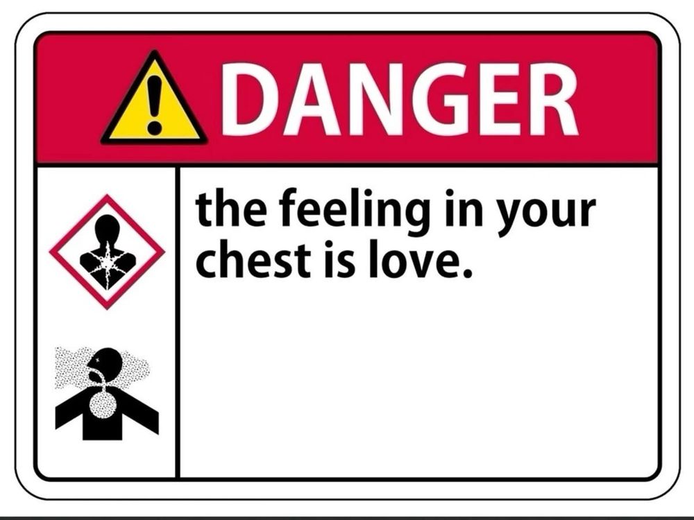 Watning sign that reads "Danger: the feeling in your chest is love". 
