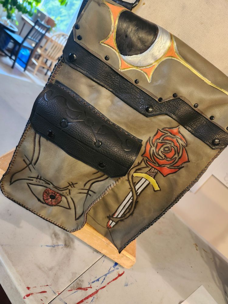 A handstitched, hand-painted all-leather backpack. 