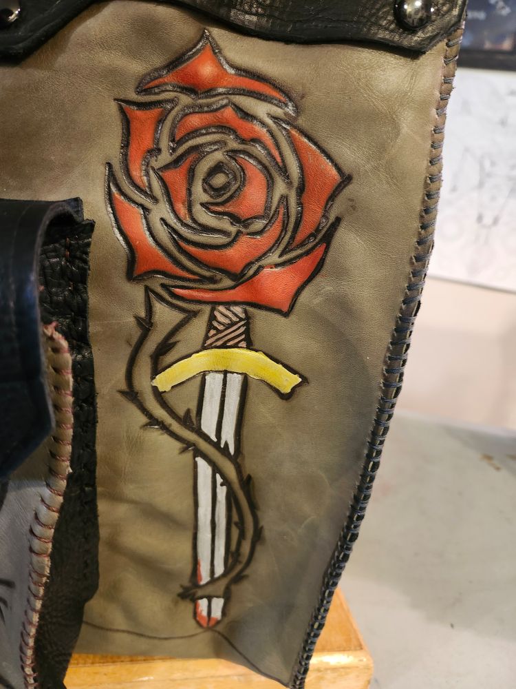 A handstitched, hand-painted all-leather backpack. 
