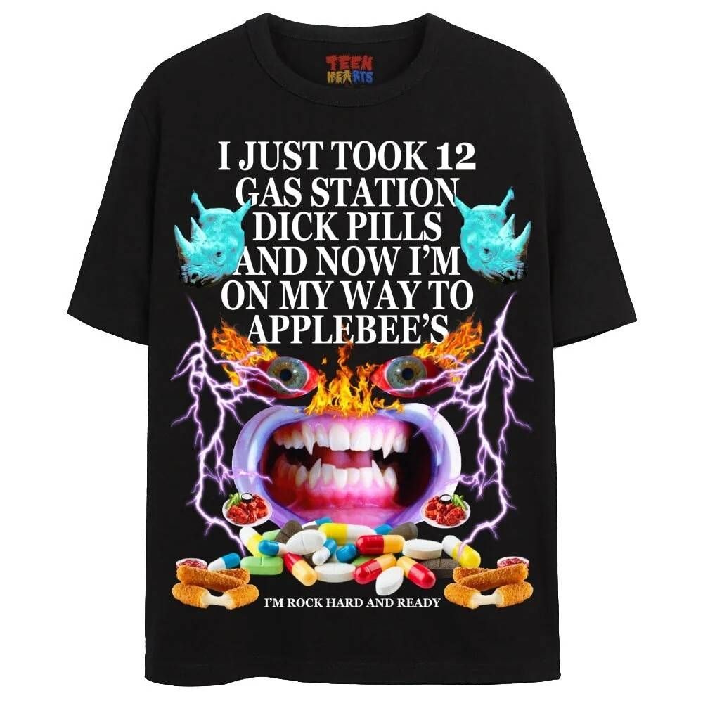 Photomanipulation: a black t-shirt with a  screaming made from a number of components and superimposed text that reads "i just took 12 gas station dick pills and now I'm on my way to applebees."
