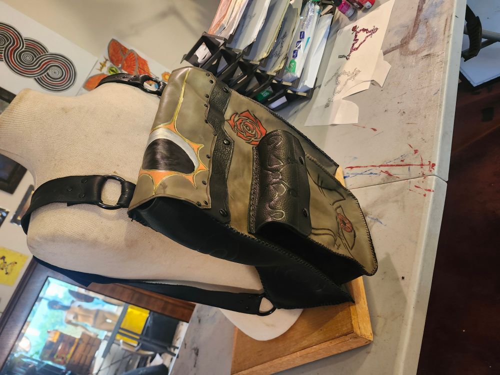 A handstitched, hand-painted all-leather backpack. 