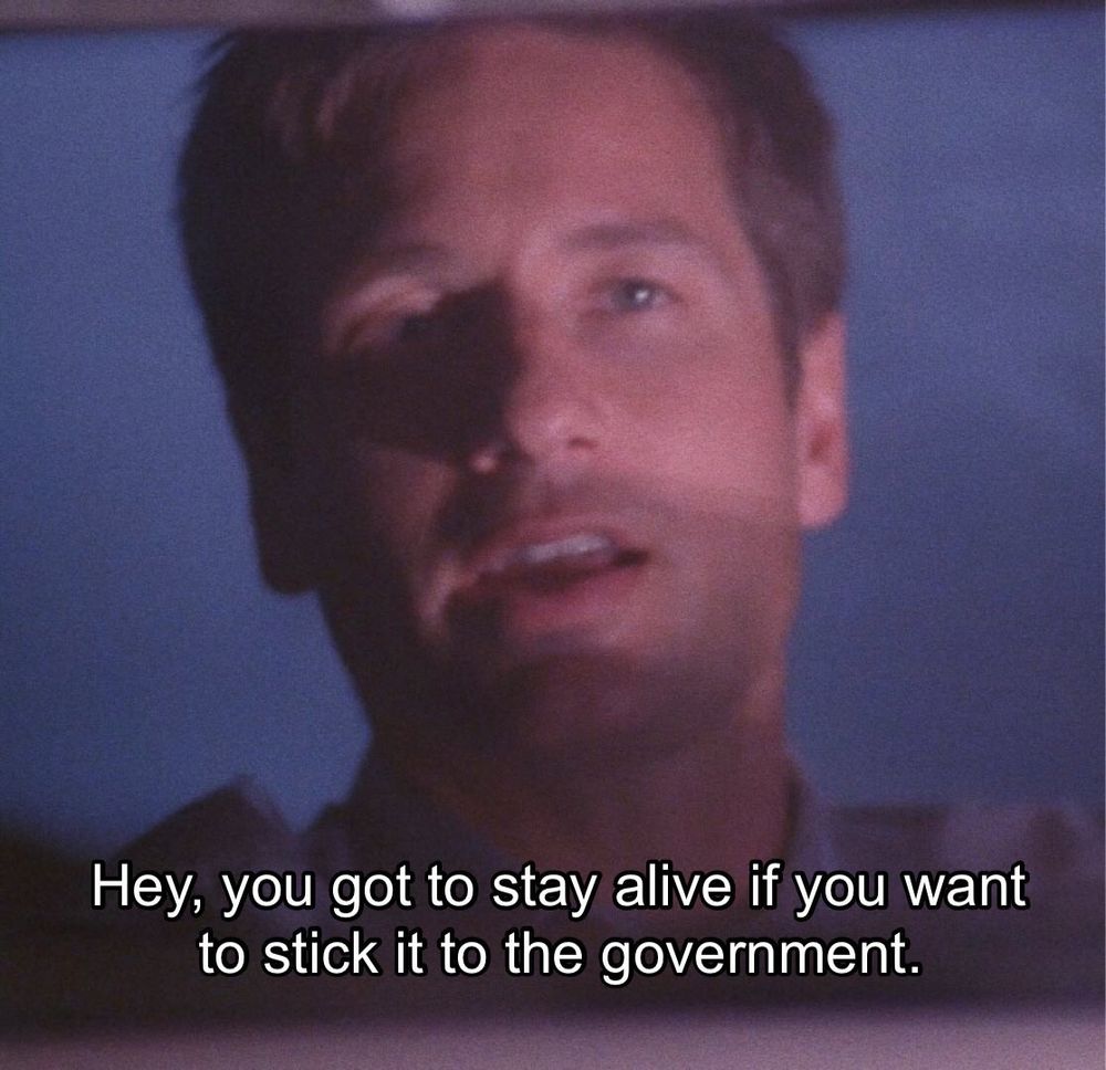 David Duchovny as Fox Mulder looking into the camera and saying "Hey, you got to stay alive if you want to stick it to the government."