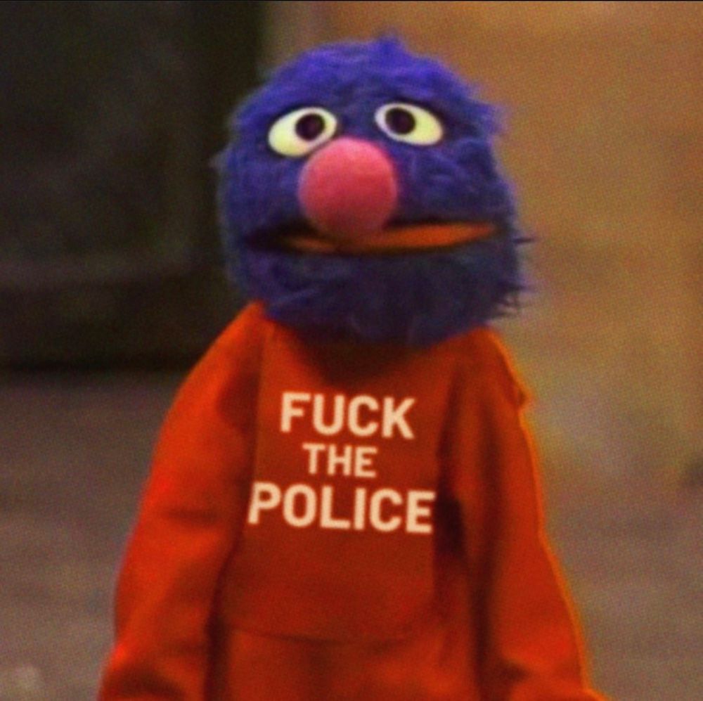 A photograph of Grover, a dark blue muppet, wearing a red sweater with yellow lettering that says 'fuck the police'.