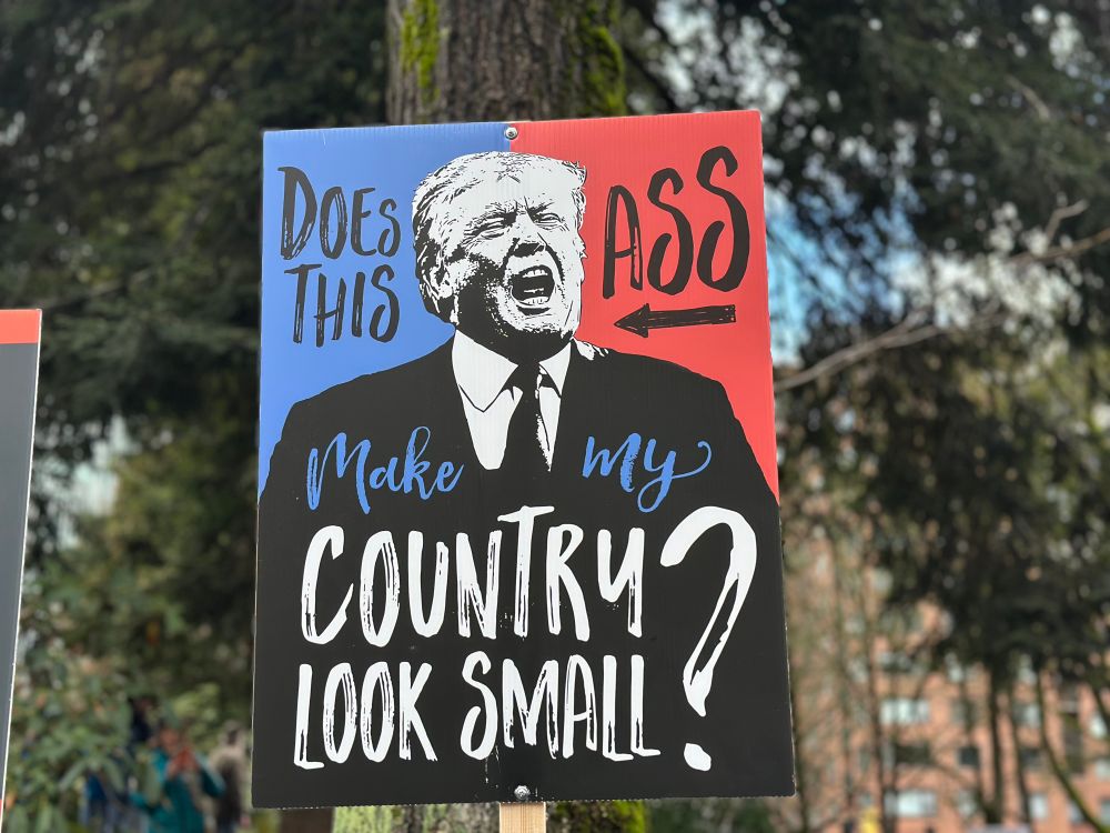Sign: does this ass make my country look small? With a photo of Trump 