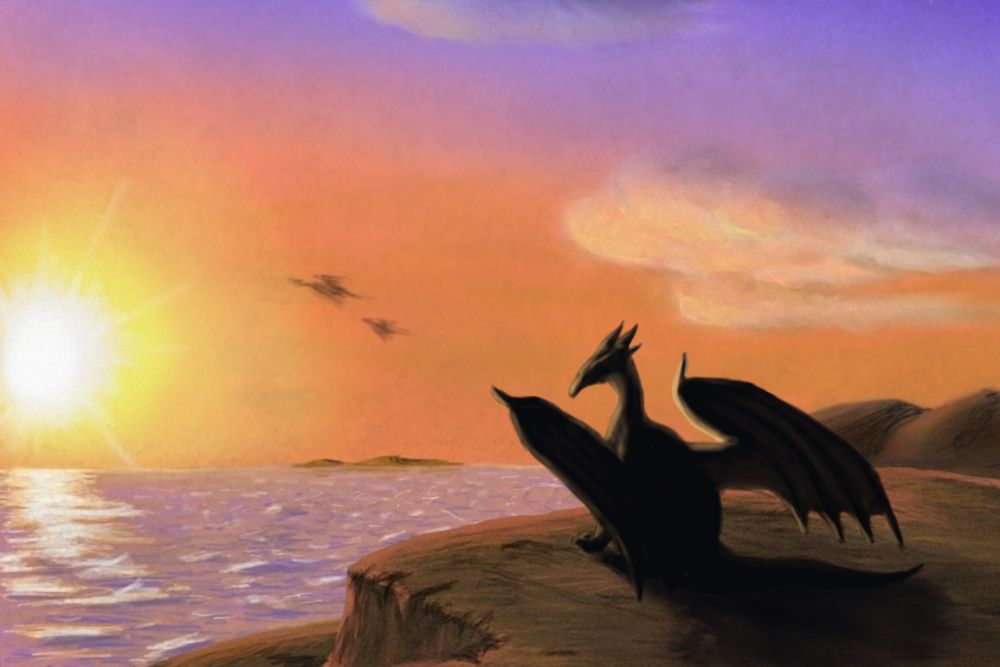 A piece of art I made a long time ago with a dragon sitting atop a cliff looking at a sunset over a body of water.