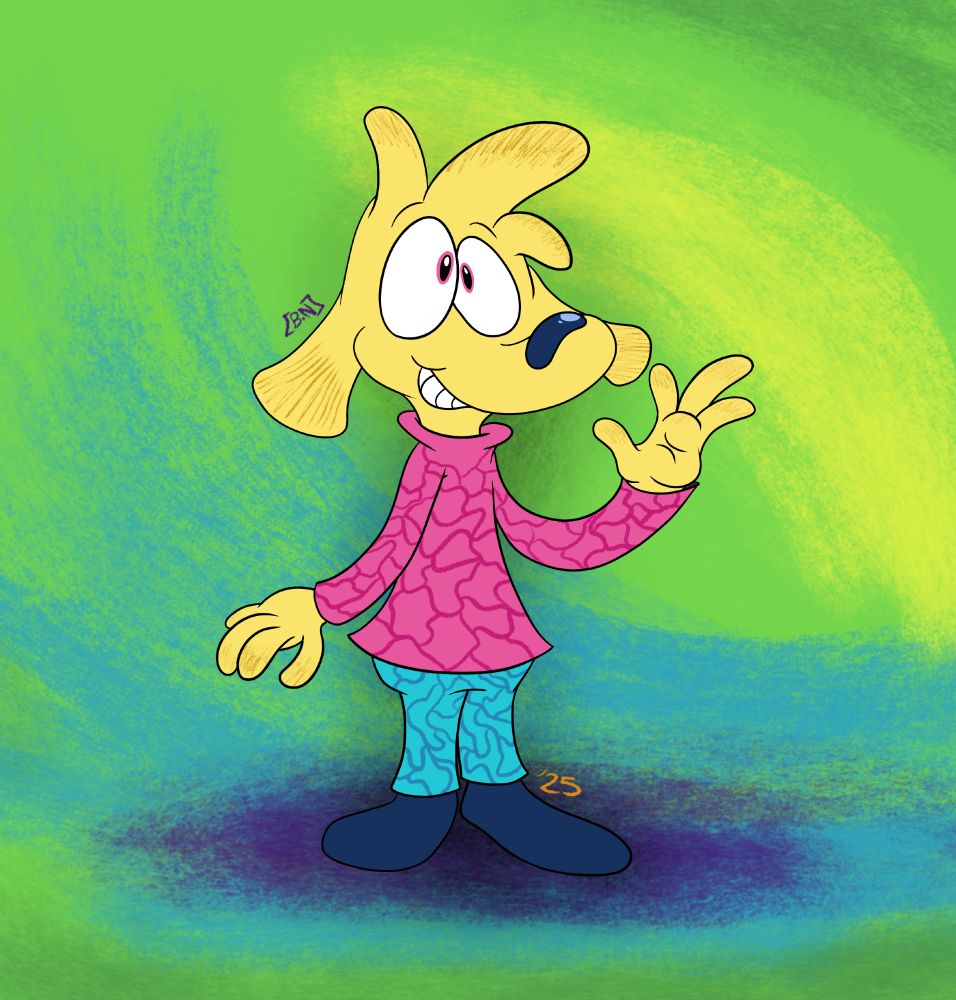 A happy cartoon dog named Cap on a colorful, sketchy background.