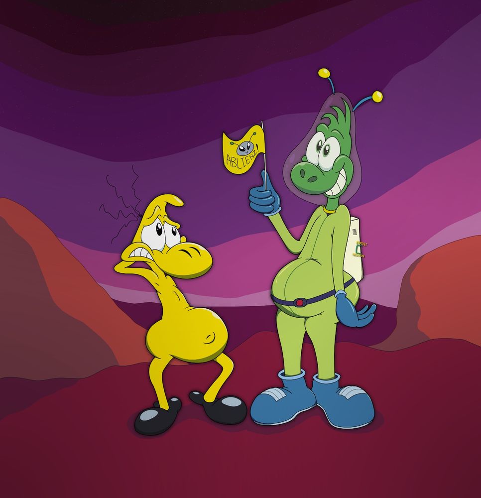 "Cosmic Cretins" (originally done for an art collab)
Newm and a quirky space fitted Jay on a minimalist, vibrant alien landscape with red soil and purple sky. Jay's in a bright yellowish-green suit complete with belt, air supply, blue moon boots, and a pear shaped dome covering his head with alien antennae on top. He smiles while carrying a silly yellow flag with a stereotypical alien, with "Ablienz!" written on it. 
Newm is very nervous and weirded out by all this, with his right hand behind his head.