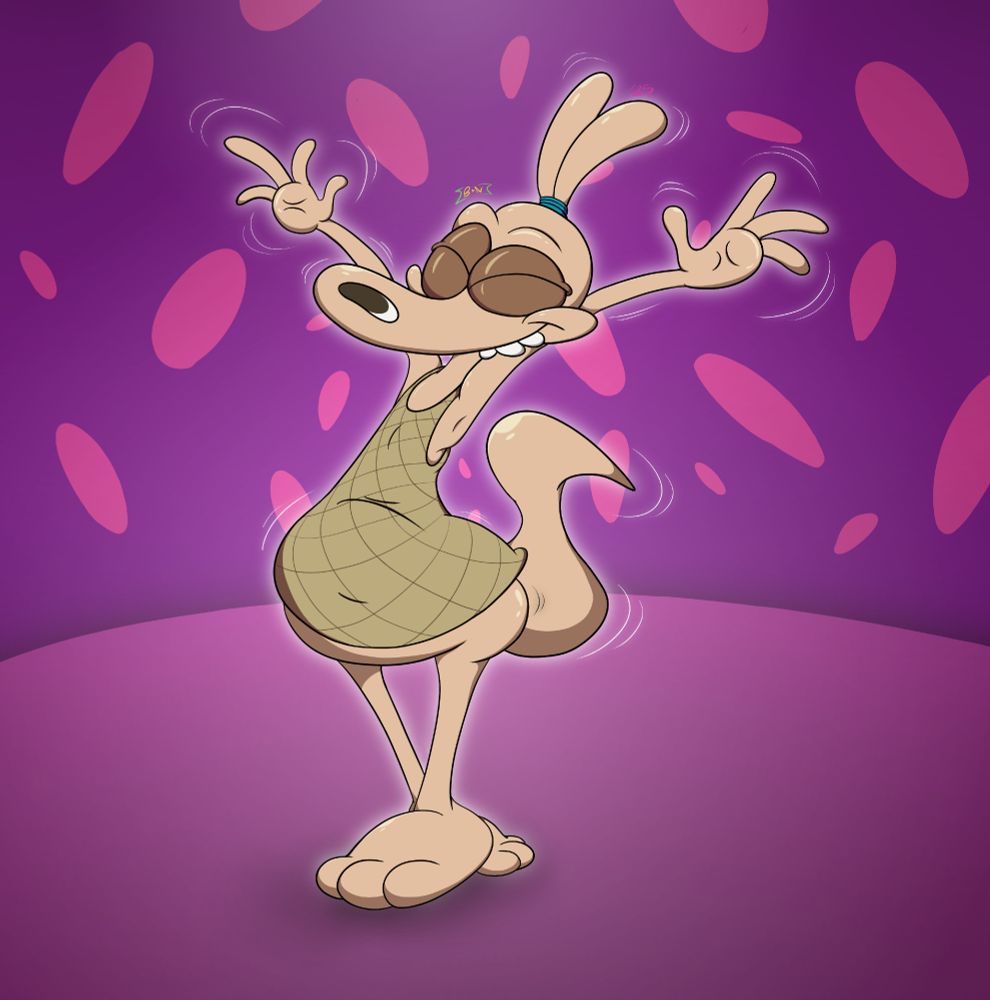 Fanart of Rocko having fun clubbing and dancing wearing a sleeveless fishnet shirt. Set on a vibrant purple and pink backdrop resembling a dancefloor.