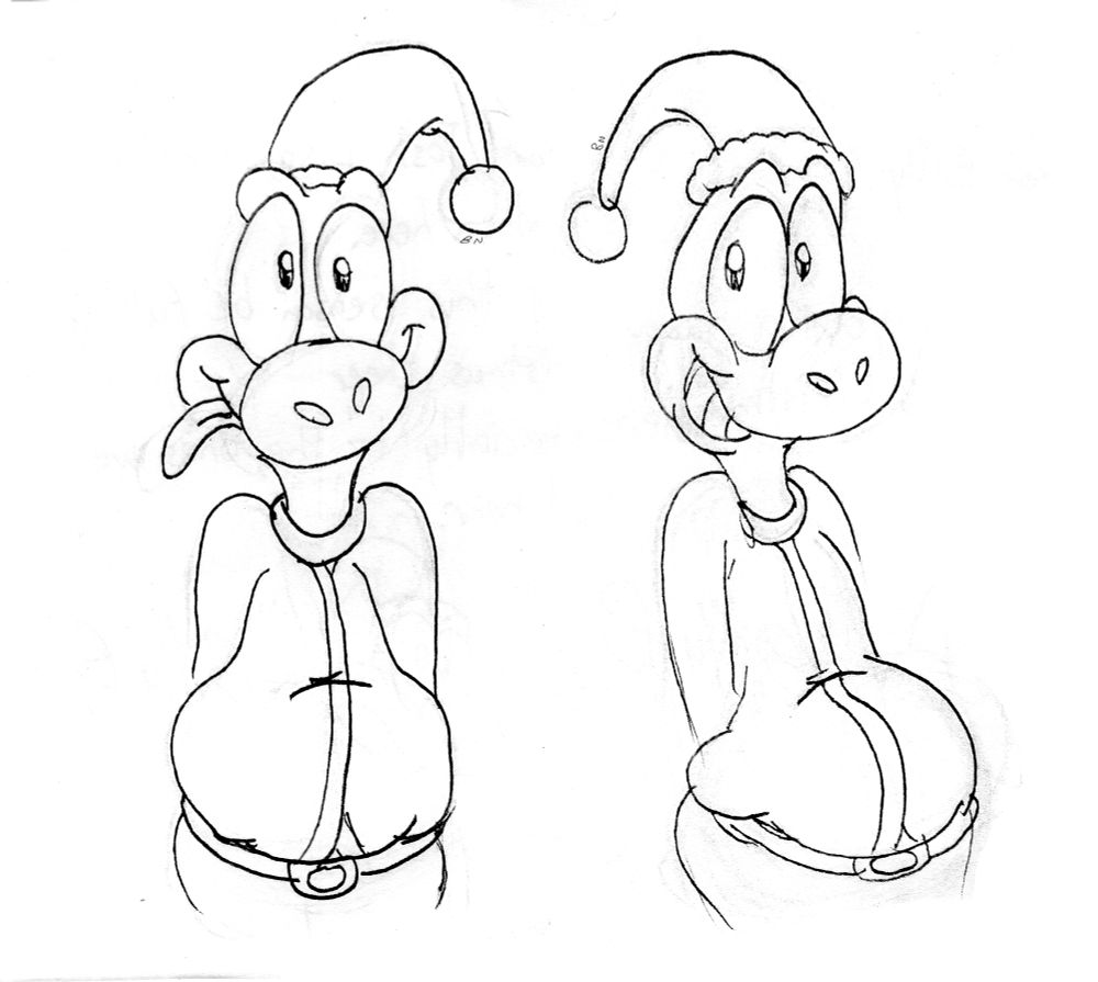 Two sketches of Jay wearing a Santa Claus outfit. Left sketch has his tongue sticking out, the right sketch has him smiling looking to his right.