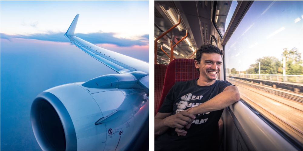 An image showing air travel side-by-side with train travel, to help make the point that low carbon travel options for visitors already exist in many circumstances.