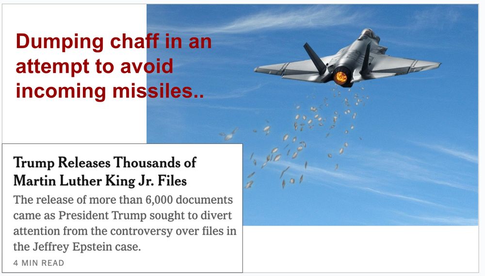 Background image of a jet fighter dumping chaff behind it.  Foreground image of a screenshot from the New York Times, with an article reading "Trump Releases Thousands of Martin Luther King Jr. Files"