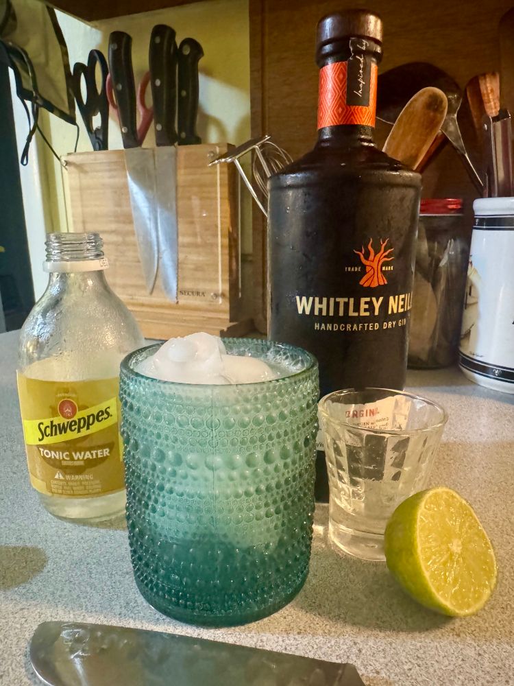Kitchen counter scene with knives and utensils in the background bottle of gin and a bottle of Schweppes tonic a glass, full with ice, a shot glass, half of a lime and a knife