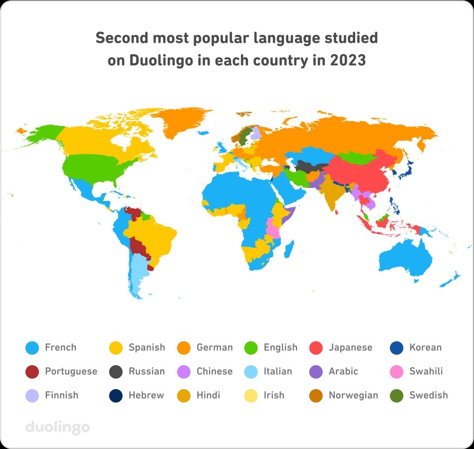 A map shows the second most studied language on the Duolingo app. after English.